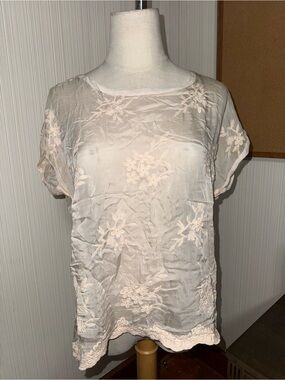Angela Moda Silk Blend Embroidered Floral Lined Blush Top Made Italy Lace Small